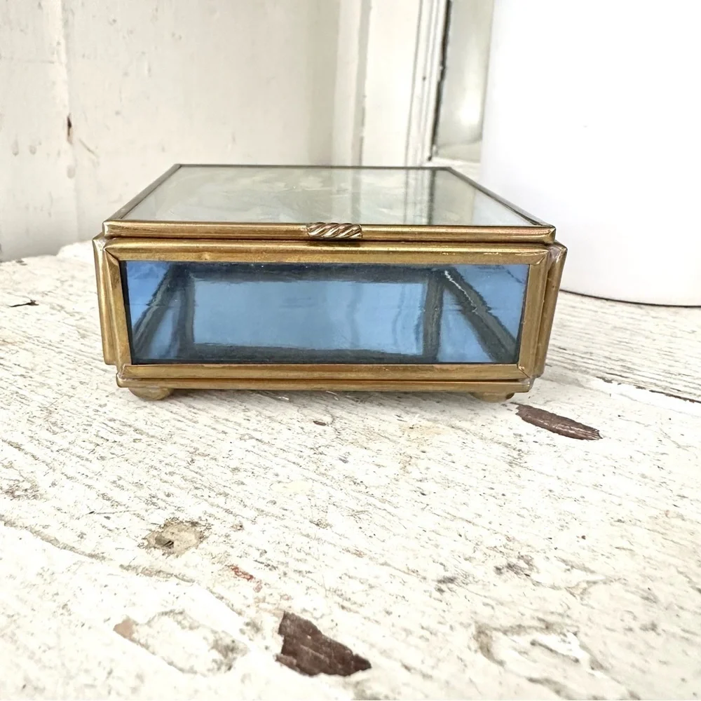3/$22🩶 Vintage Angels Via Vermont Glass Brass Trinket Jewelry Box Mirror
